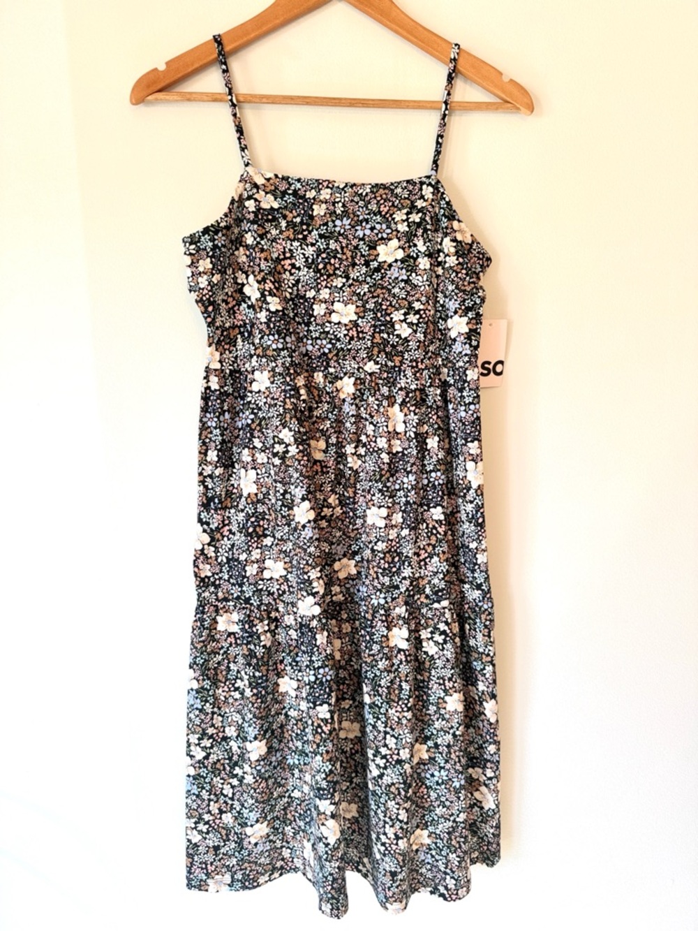 SO Black Floral Spaghetti Strap Midi Dress with White, Blue & Brown Flowers